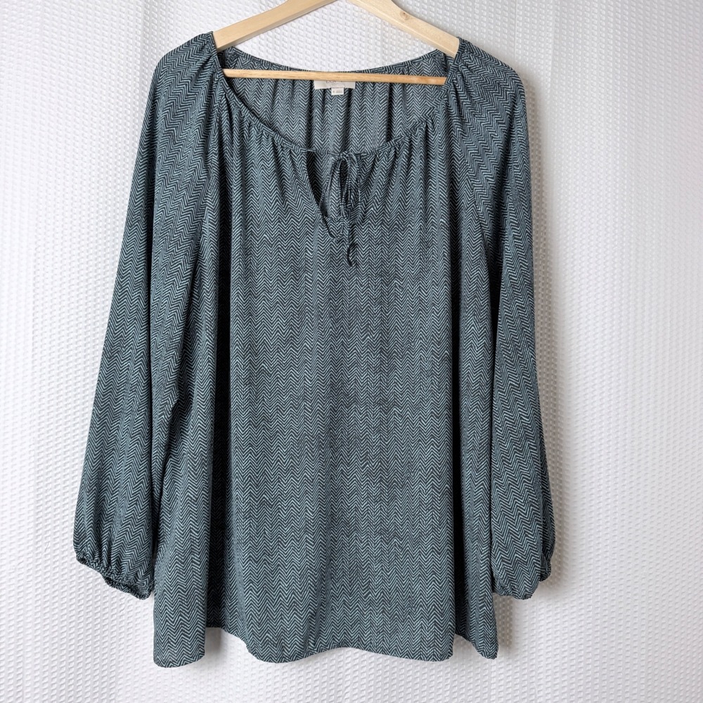 Loft Outlet Blouse Women XL Blue Gray Chevron Tie Neck Balloon Sleeve Relaxed - Picture 1 of 8